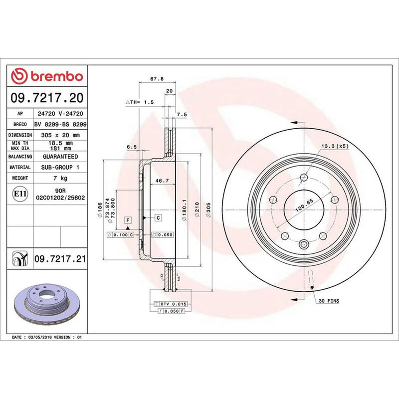 Brembo 2 x Internally Vented Rear Brake Discs 09.7217.21