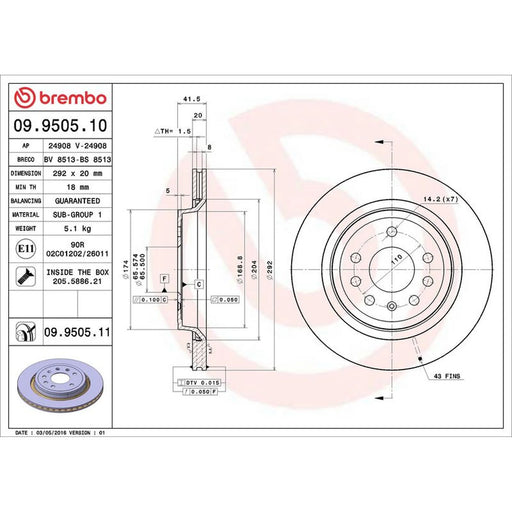 Brembo 2 x Internally Vented Rear Brake Discs 09.9505.11
