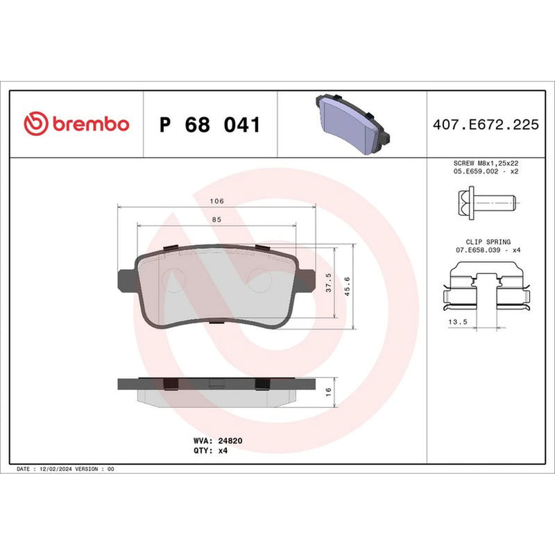 Brembo 4 x Rear Brake Pad Set P68041