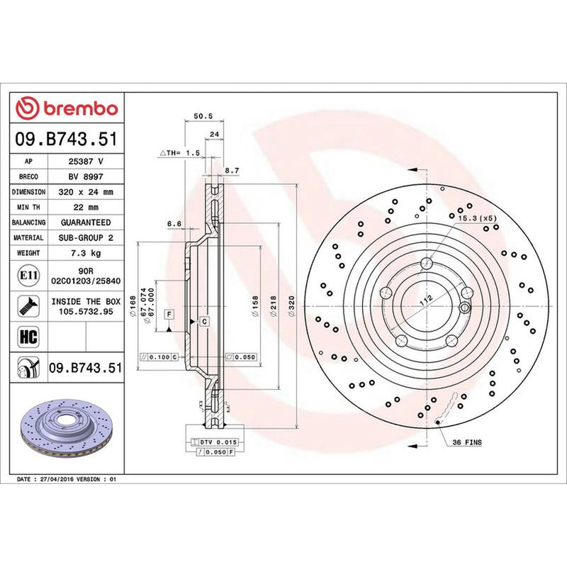 Brembo 2 x Perforated/Vented Rear Brake Discs 09.B743.51