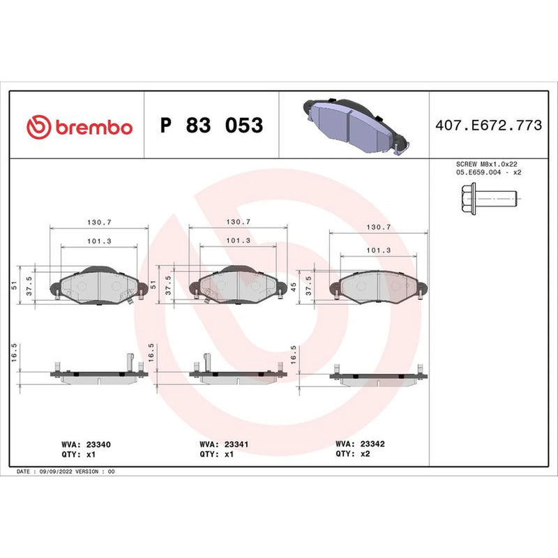 Brembo 4 x Front Brake Pad Set P83053