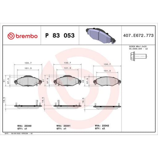 Brembo 4 x Front Brake Pad Set P83053