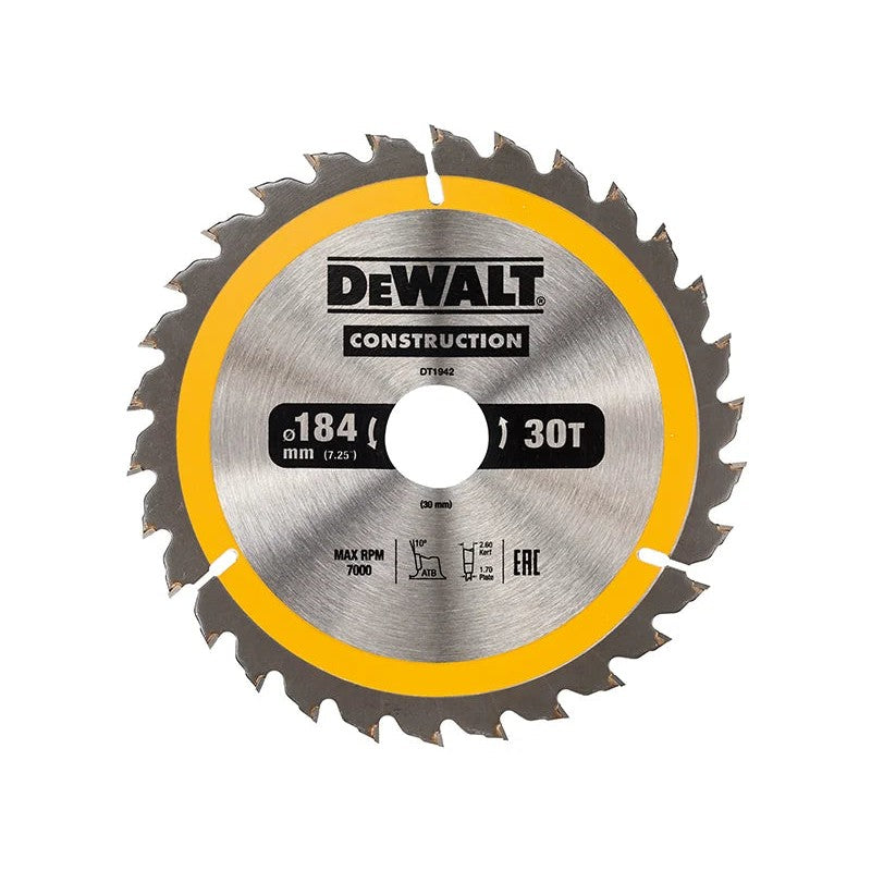 DEWALT Power Tools Portable Construction Circular Saw Blade 184 x 30T 16-30mm