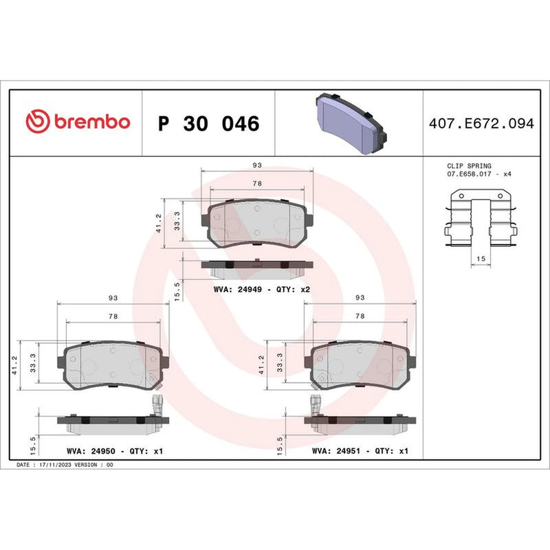 Brembo 4 x Rear Brake Pad Set P30046