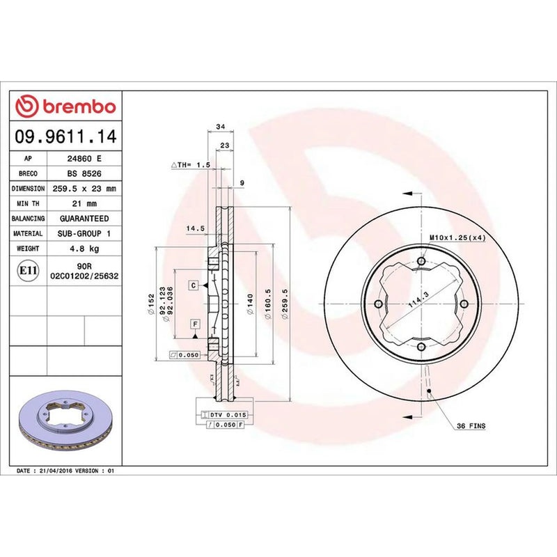 Brembo 2 x Internally Vented Front Brake Discs 09.9611.14