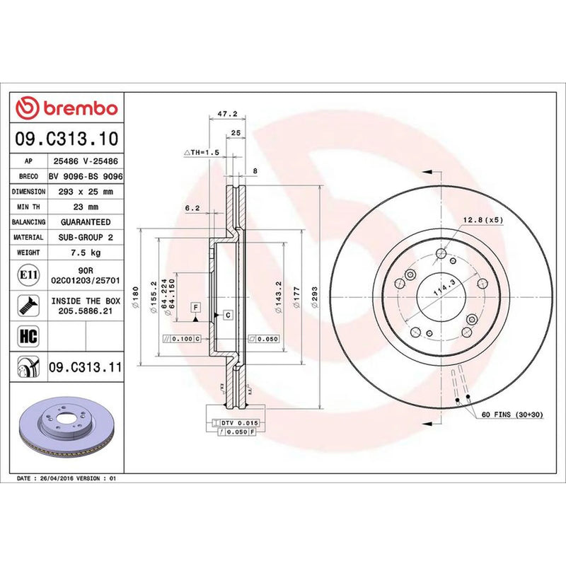Brembo 2 x Internally Vented Front Brake Discs 09.C313.11