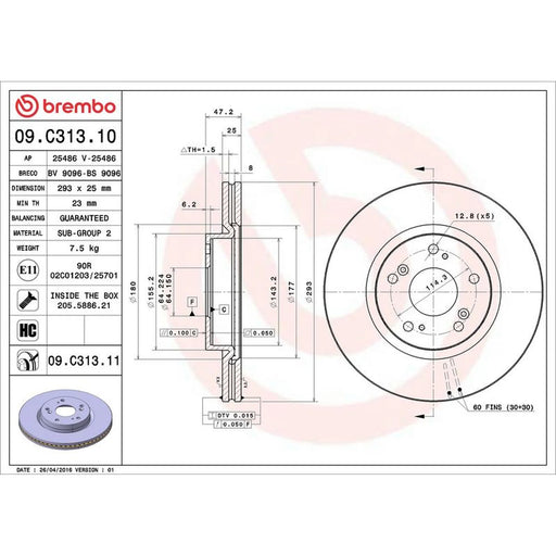 Brembo 2 x Internally Vented Front Brake Discs 09.C313.11
