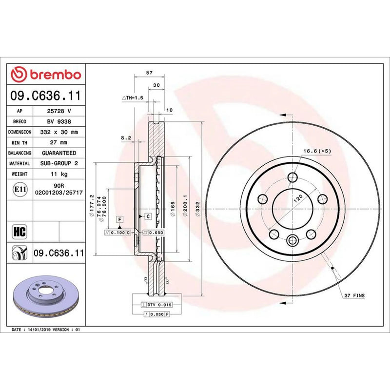 Brembo 2 x Internally Vented Front Brake Discs 09.C636.11