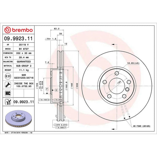 Brembo 2 x Internally Vented Front Brake Discs 09.9923.11