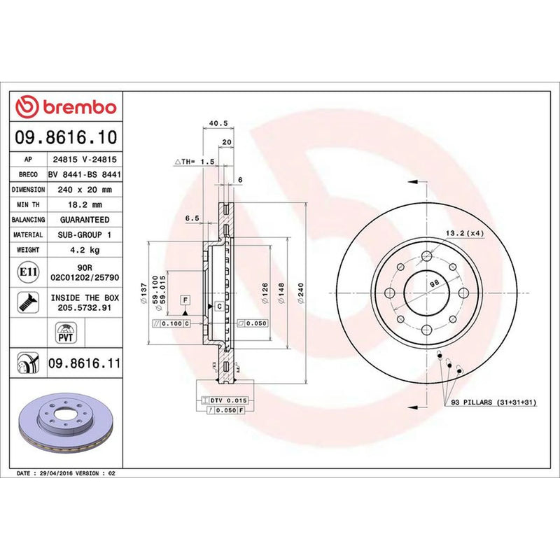 Brembo 2 x Internally Vented Front Brake Discs 09.8616.11