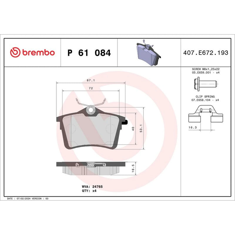 Brembo 4 x Rear Brake Pad Set P61084