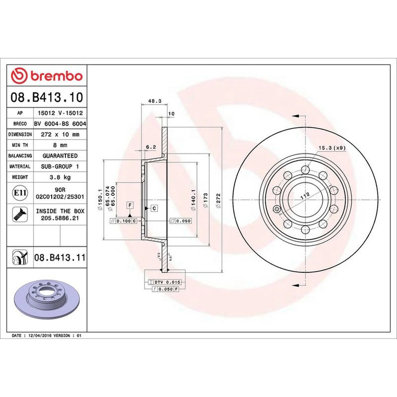 Brembo 2 x Solid Rear Brake Discs 08.B413.11
