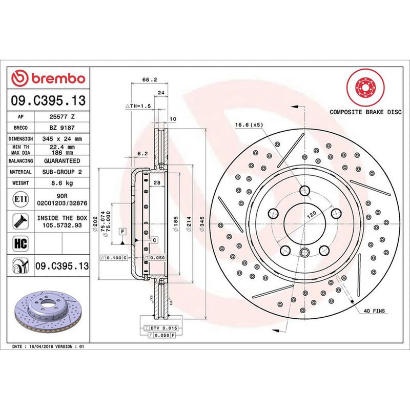 Brembo 2 x Aluminium Rear Brake Disc Hub Brake Discs 09.C395.13