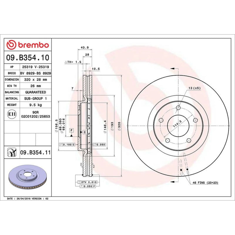 Brembo 2 x Internally Vented Front Brake Discs 09.B354.11