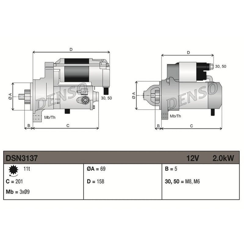 Denso Starter Motor 12V 2kW 11 Teeth DSN3137