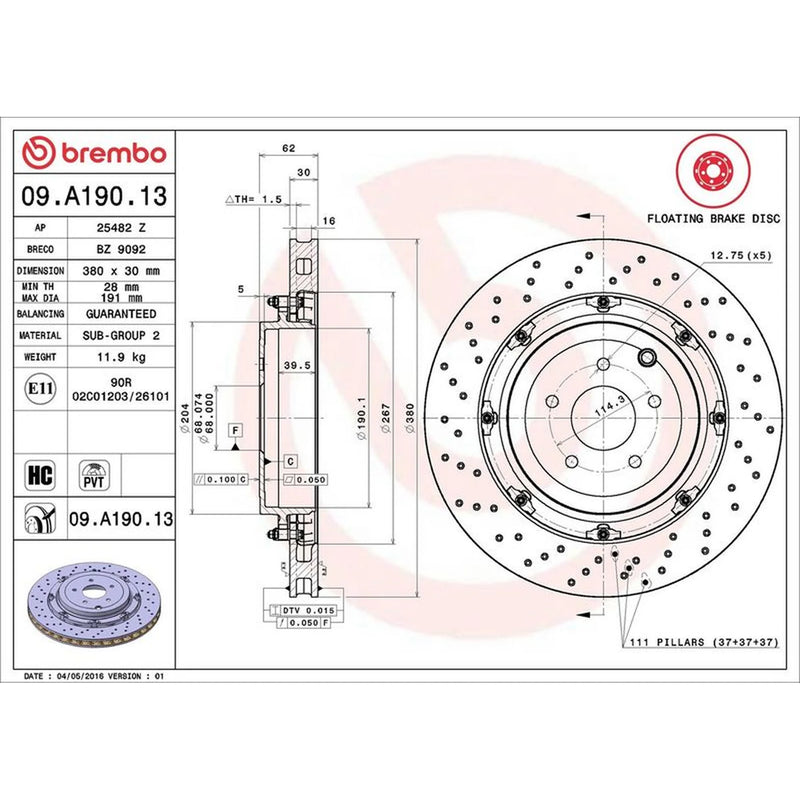 Brembo 2 x Aluminium Rear Brake Disc Hub Brake Discs 09.A190.13
