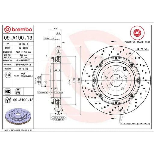 Brembo 2 x Aluminium Rear Brake Disc Hub Brake Discs 09.A190.13