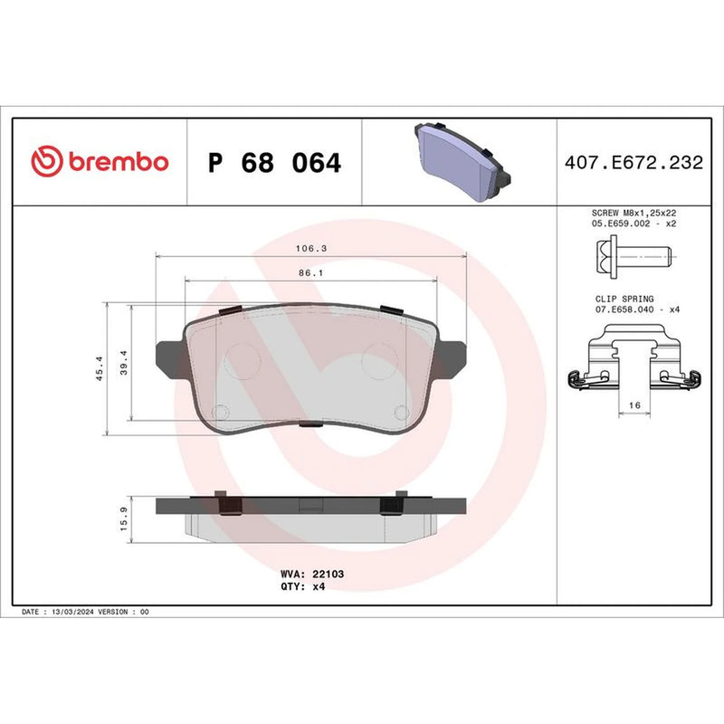 Brembo 4 x Rear Brake Pad Set P68064