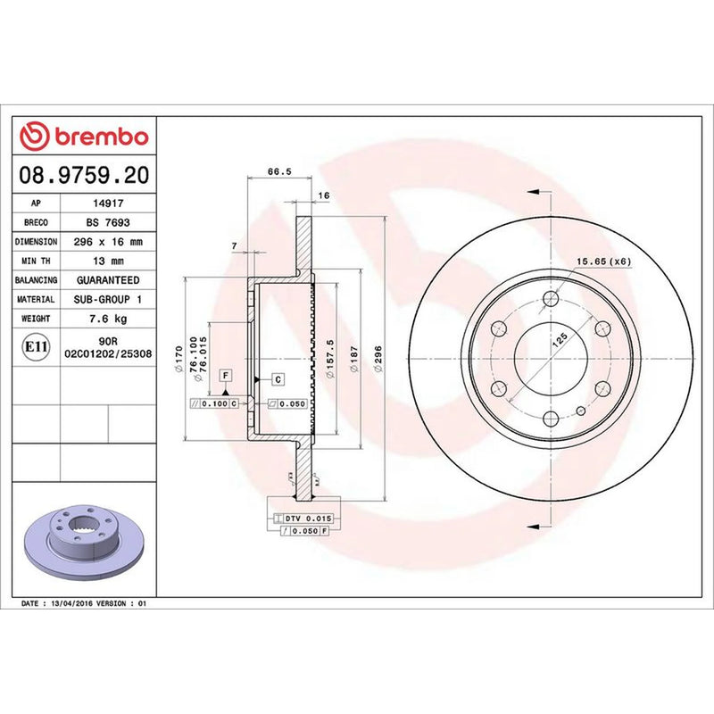 Brembo 2 x Solid Rear Brake Discs 08.9759.20