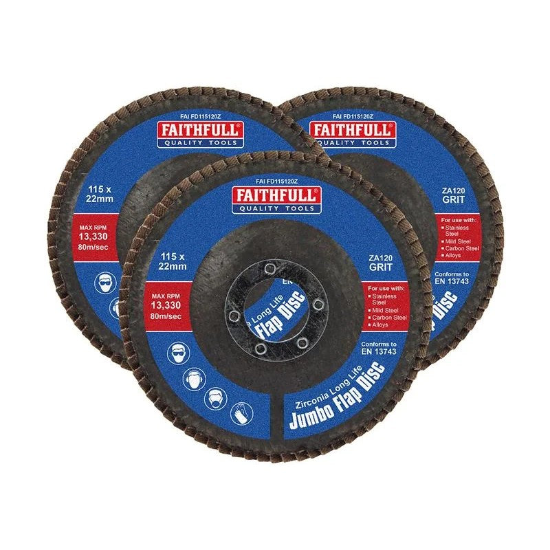 Faithfull Zirconia Abrasive Jumbo Flap Disc 115 x 22mm 120 Grit (3 Pack)