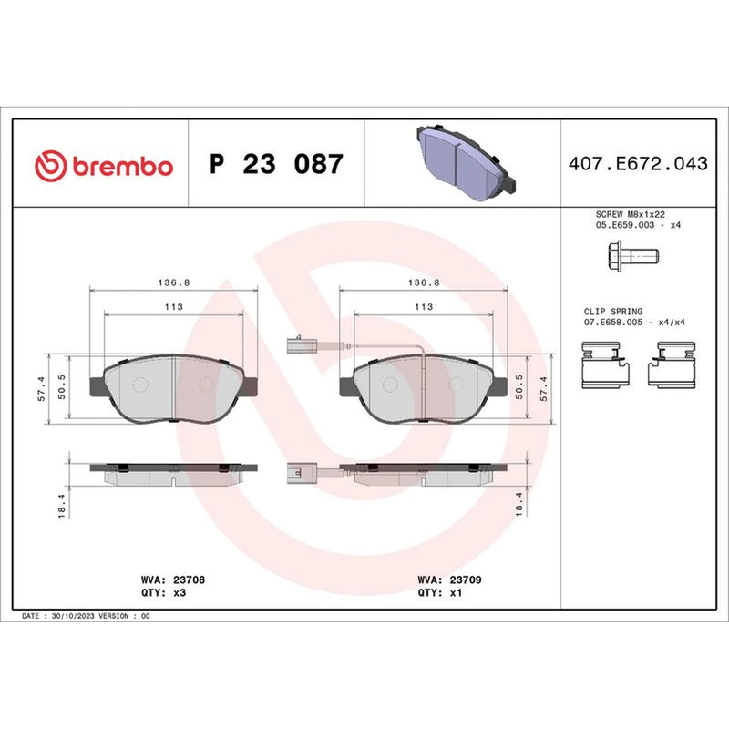 Brembo 4 x Front Brake Pad Set P23087