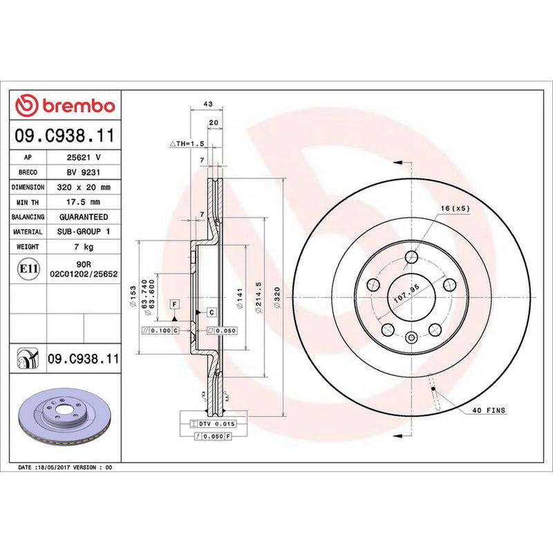Brembo 2 x Internally Vented Rear Brake Discs 09.C938.11