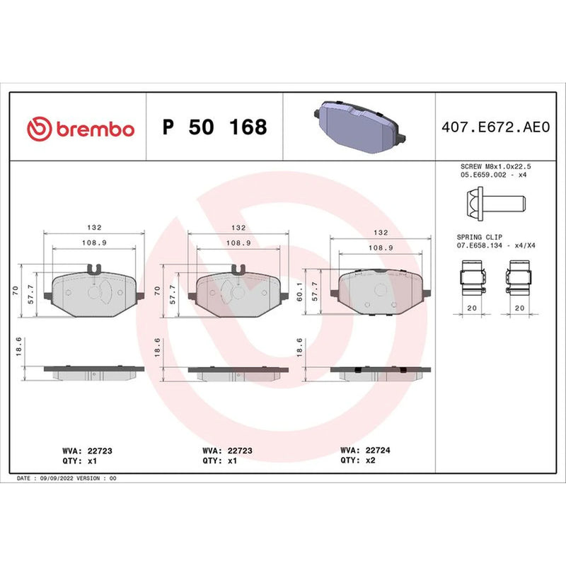 Brembo 4 x Rear Brake Pad Set P50168