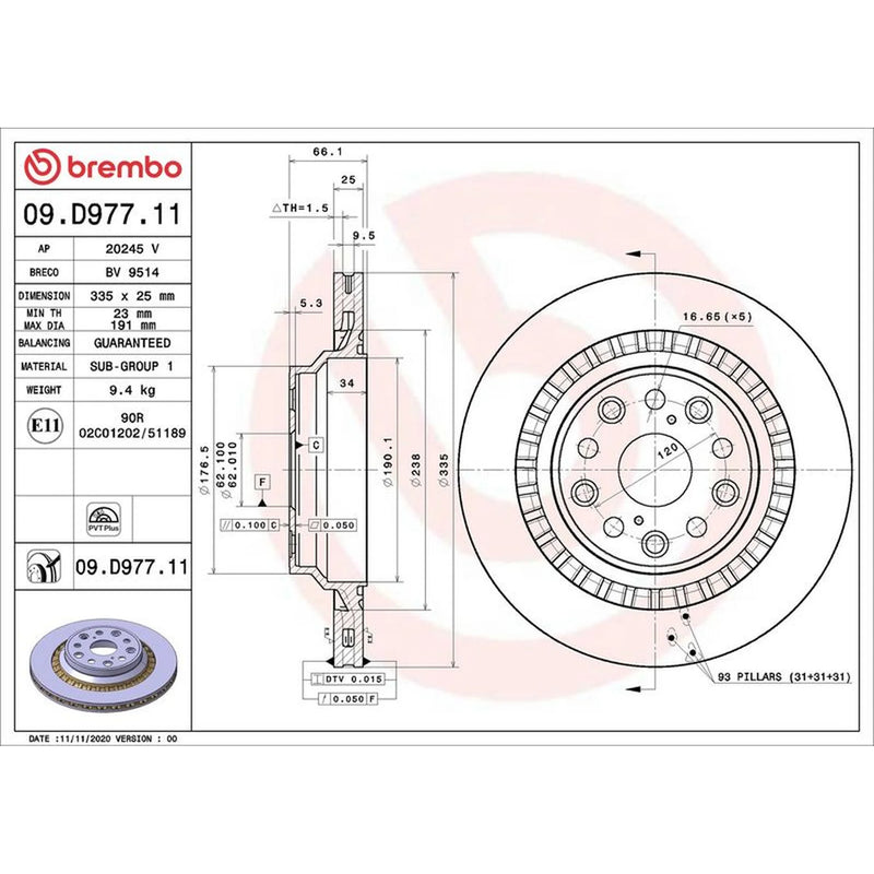 Brembo 2 x Internally Vented Rear Brake Discs 09.D977.11