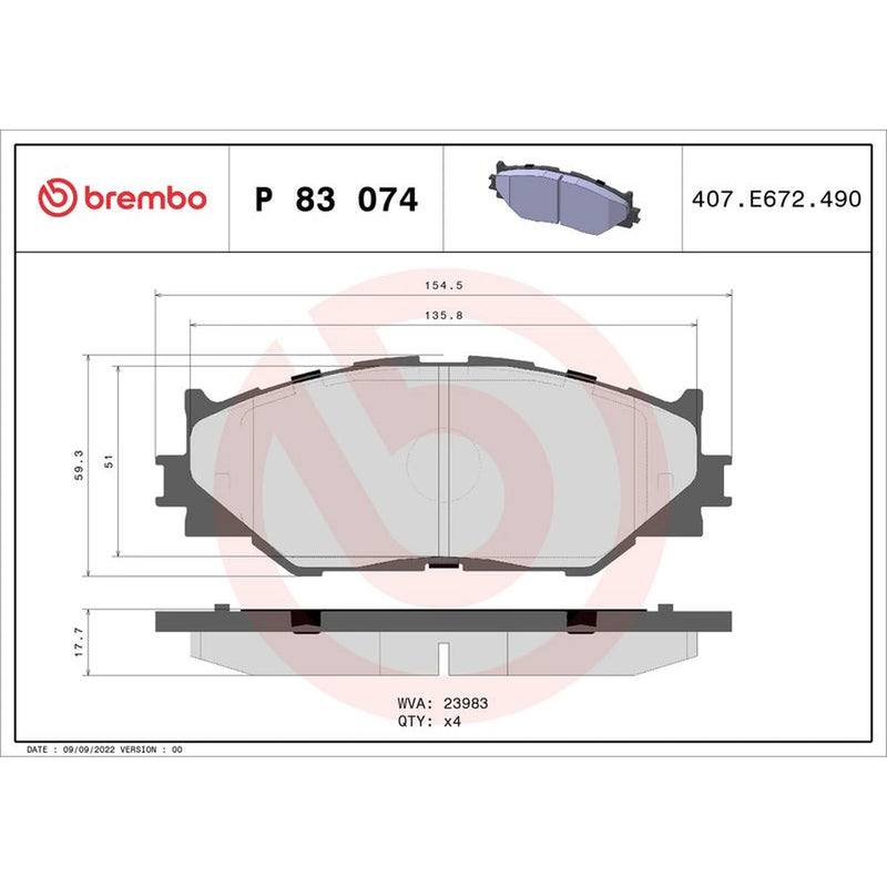 Brembo 4 x Front Brake Pad Set P83074