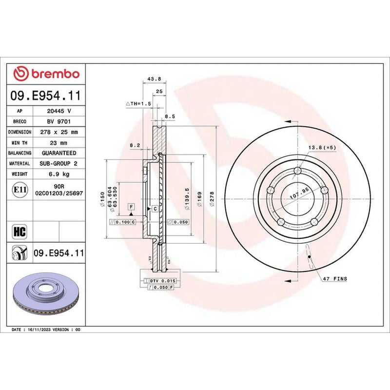 Brembo 2 x Internally Vented Front Brake Discs 09.E954.11