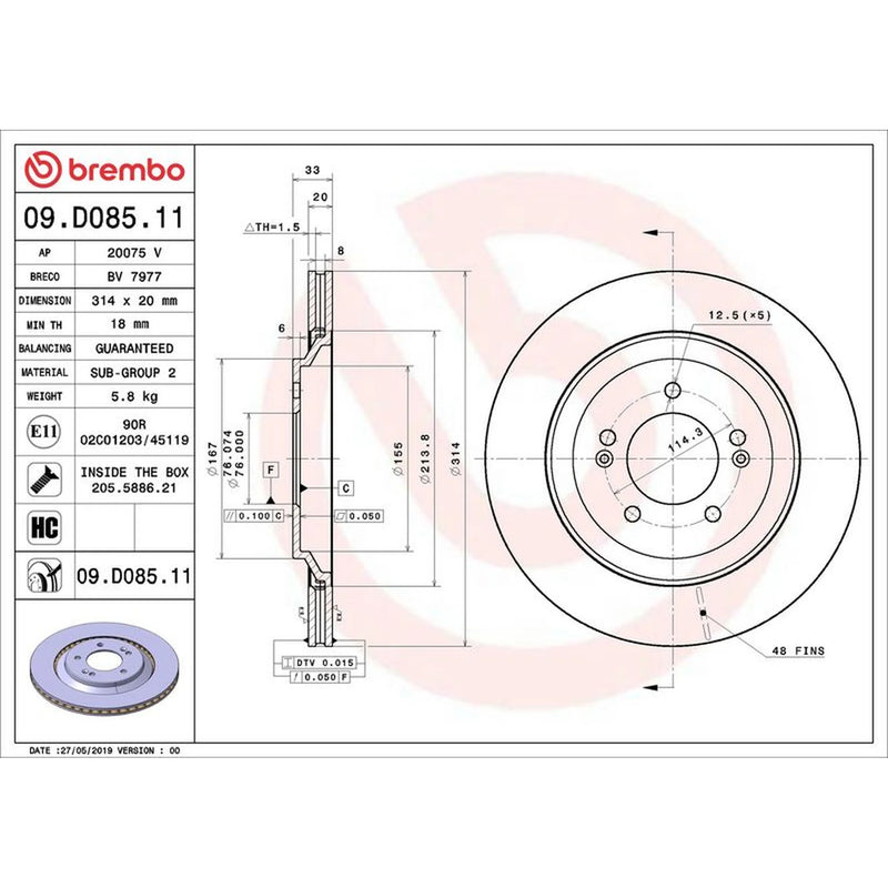 Brembo 2 x Internally Vented Rear Brake Discs 09.D085.11