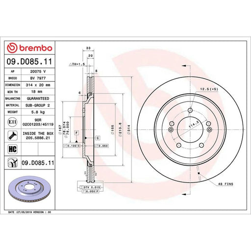 Brembo 2 x Internally Vented Rear Brake Discs 09.D085.11