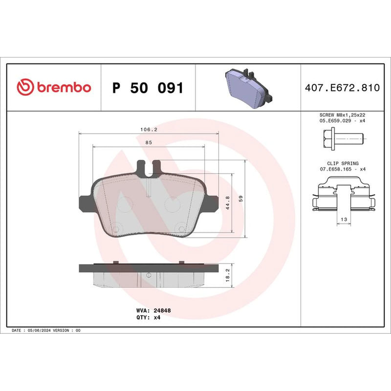 Brembo 4 x Rear Brake Pad Set P50091