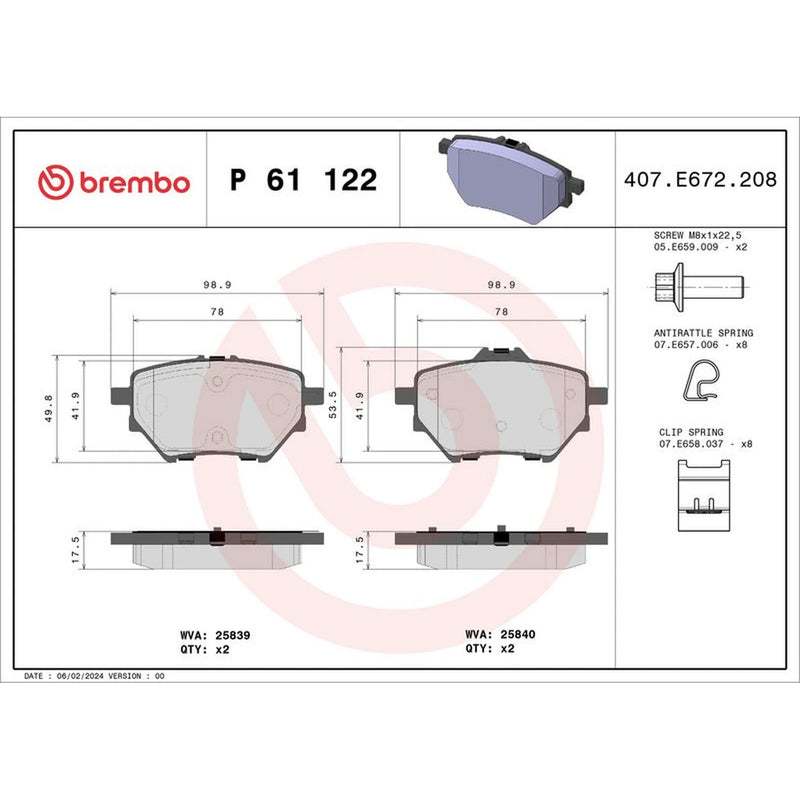 Brembo 4 x Rear Brake Pad Set P61122