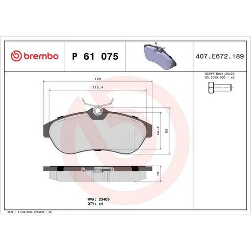 Brembo 4 x Front Brake Pad Set P61075