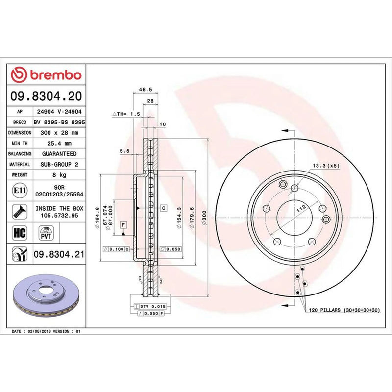 Brembo 2 x Internally Vented Front Brake Discs 09.8304.21