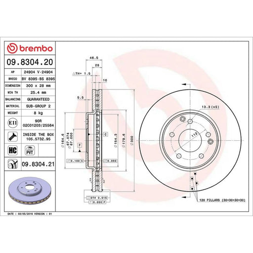 Brembo 2 x Internally Vented Front Brake Discs 09.8304.21
