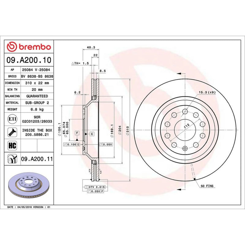 Brembo 2 x Rear Brake Discs 09.A200.11