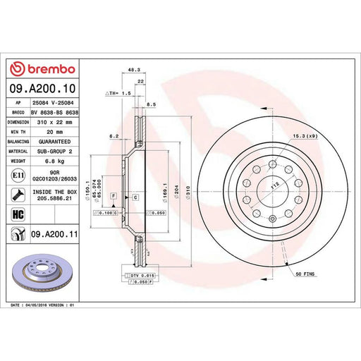 Brembo 2 x Rear Brake Discs 09.A200.11