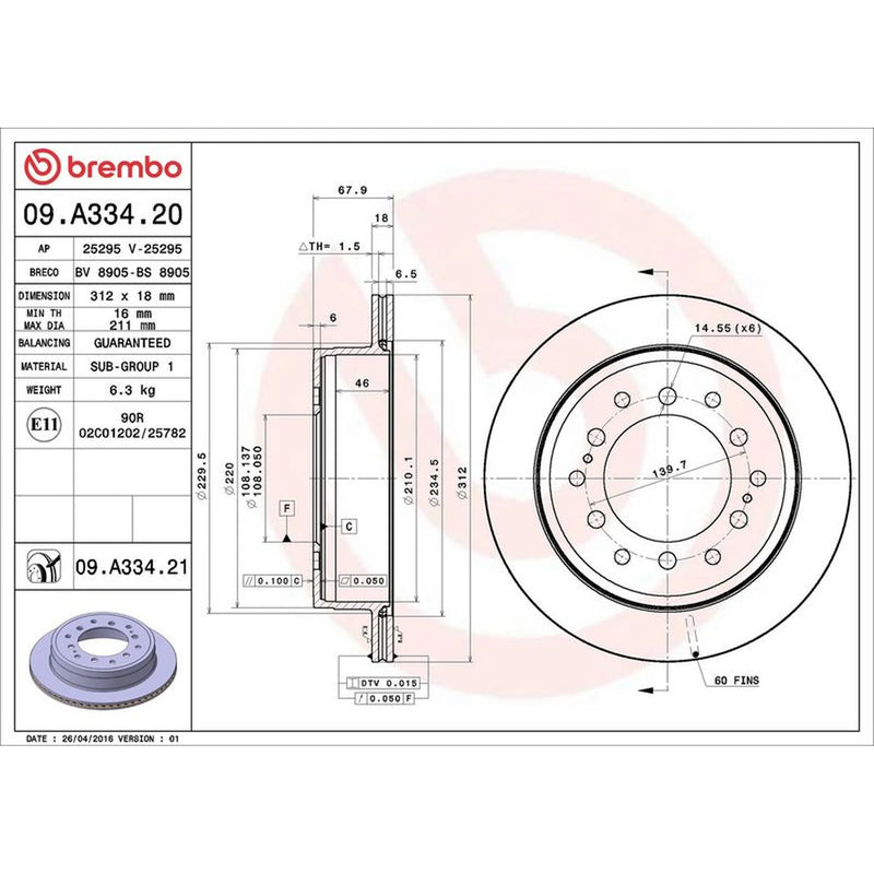 Brembo 2 x Internally Vented Rear Brake Discs 09.A334.21