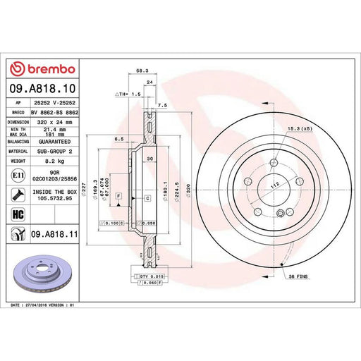 Brembo 2 x Internally Vented Rear Brake Discs 09.A818.11