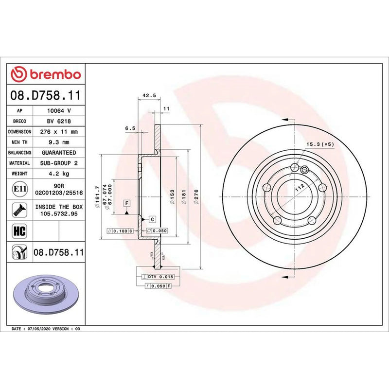 Brembo 2 x Solid Rear Brake Discs 08.D758.11