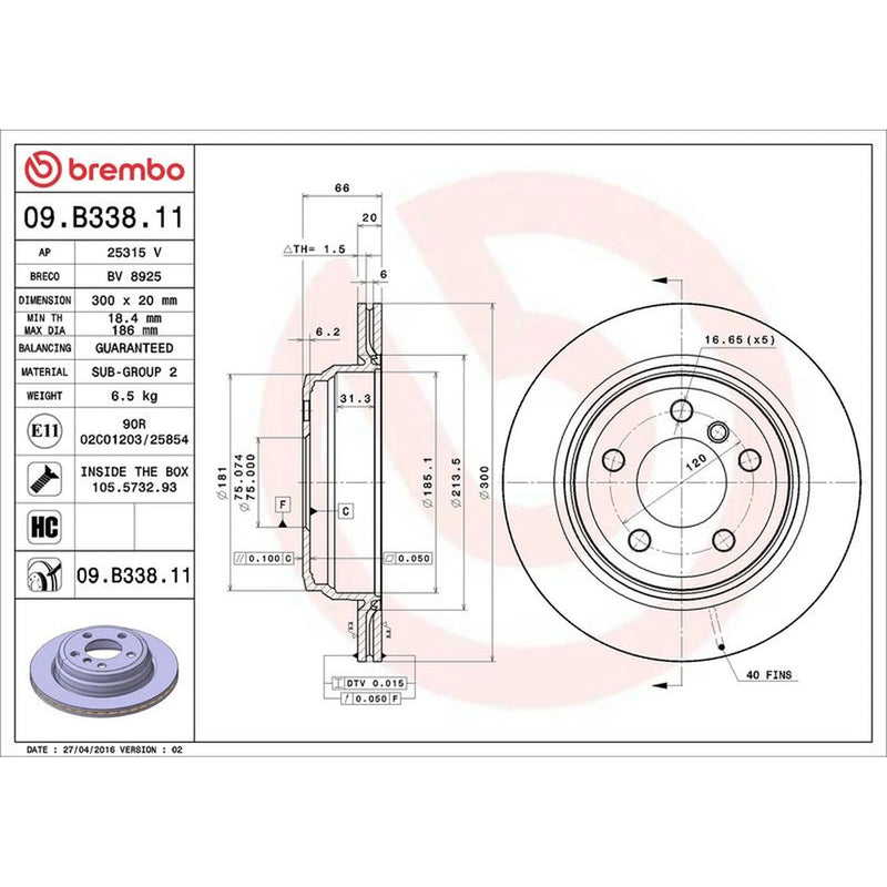 Brembo 2 x Internally Vented Rear Brake Discs 09.B338.11
