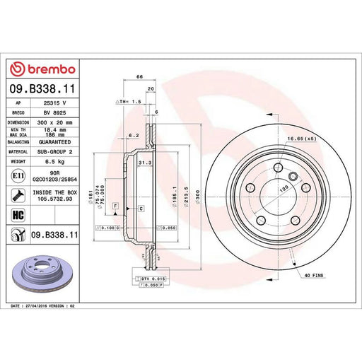 Brembo 2 x Internally Vented Rear Brake Discs 09.B338.11