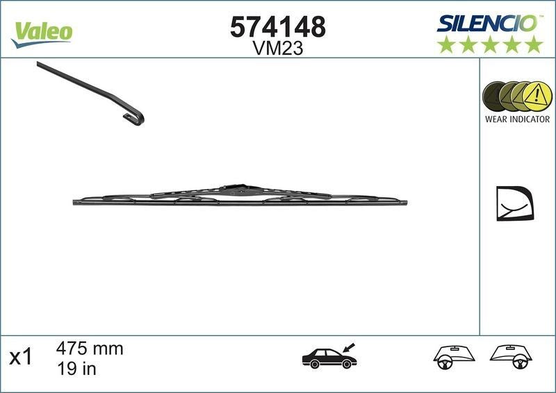 VALEO Wiper Blade Passenger 475mm Length Fits Audi Citroen Fiat Mitsubishi Seat Valeo - Town Parts