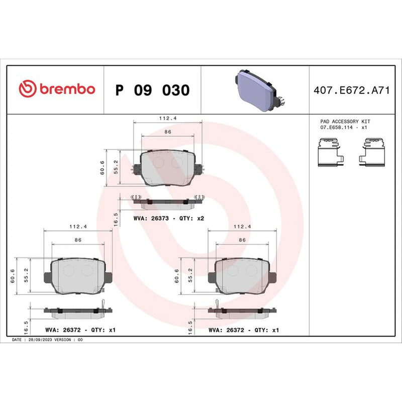 Brembo 4 x Rear Brake Pad Set P09030