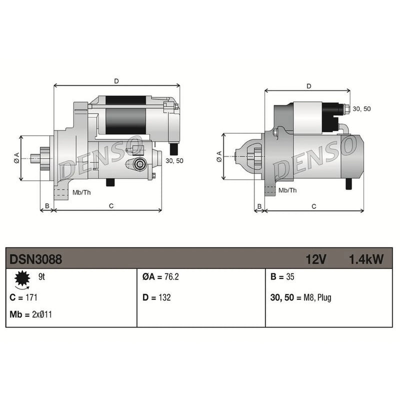 Denso Starter Motor 12V 1.4kW 9 Teeth DSN3088