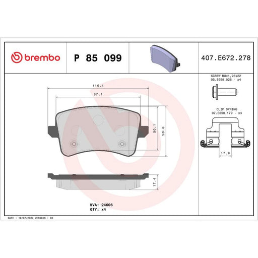 Brembo 4 x Rear Brake Pad Set P85099