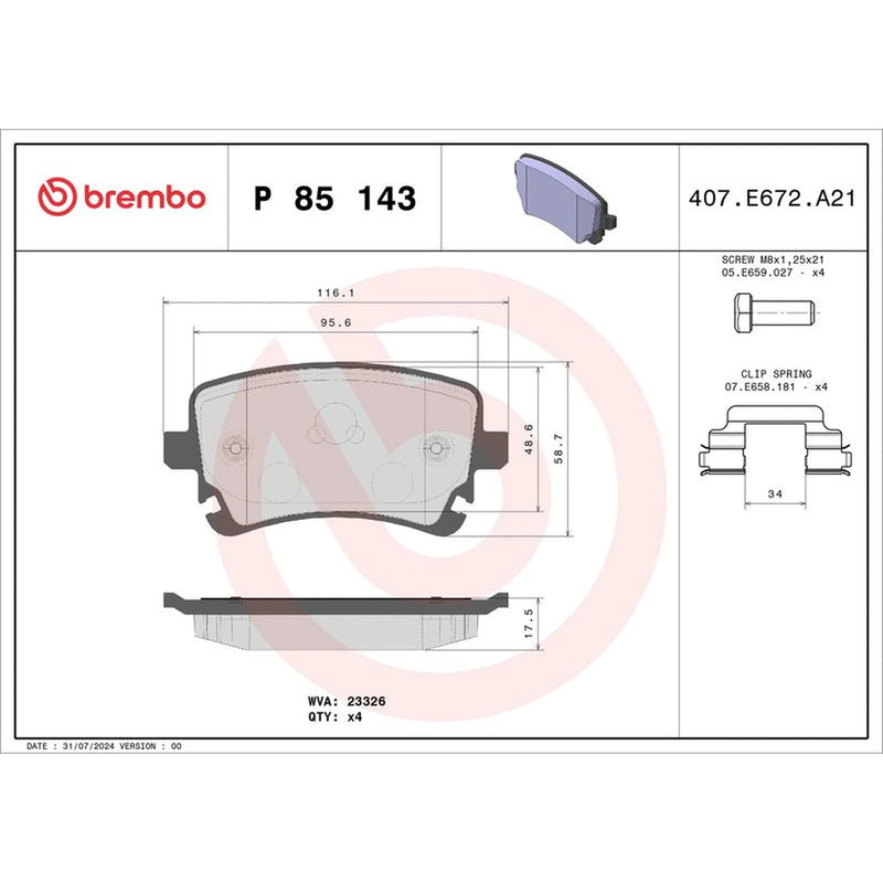 Brembo 4 x Rear Brake Pad Set P85143