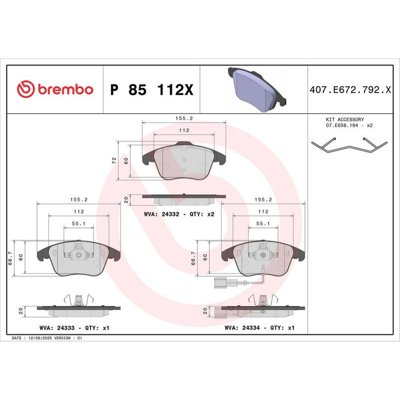 Brembo 4 x Front Brake Pad Set P85112X